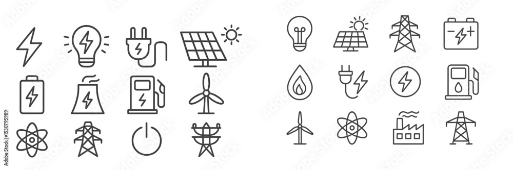 Poster energy icons representing various sources and technologies for sustainable power generation and usag