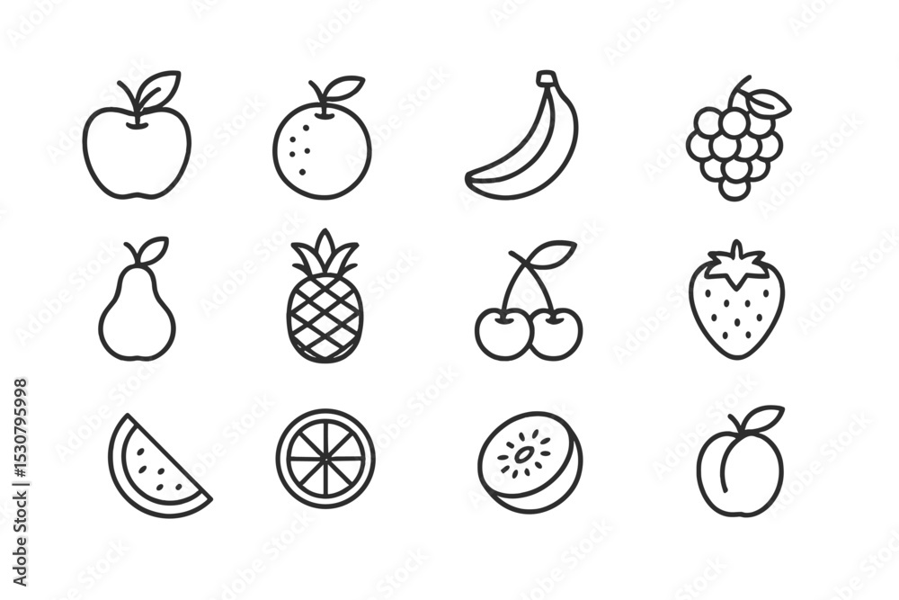 Poster Various fruits illustrated in a simple line art style arranged on a light background with a focus on diversity and freshness