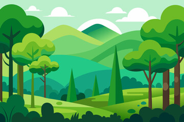 Obraz premium Vibrant Cartoon Forest Landscape Vector - Green Nature Background with Hills & Trees