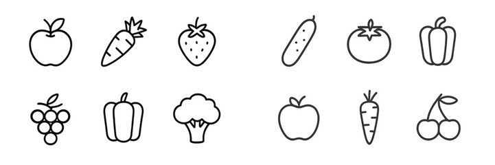 Fototapeta premium Colorful collection of fresh vegetables and fruits drawn in a simple outline style on a white background