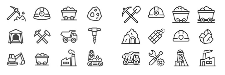 Naklejka premium Mining icons representing various activities and equipment used in mineral extraction processes
