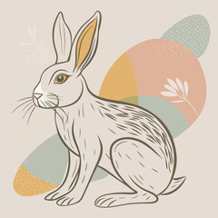 Illustrated hare sits gracefully against the patterned circles with neutral earth tones