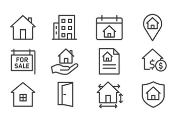 Icons representing real estate concepts such as buying, selling, and property management in a minimalistic design style