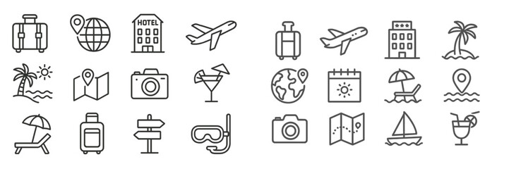 Travel icons depicting vacation activities including beach fun, hotel stays, and exploration in a minimalist style