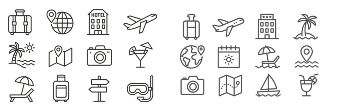 Travel icons depicting vacation activities including beach fun, hotel stays, and exploration in a minimalist style