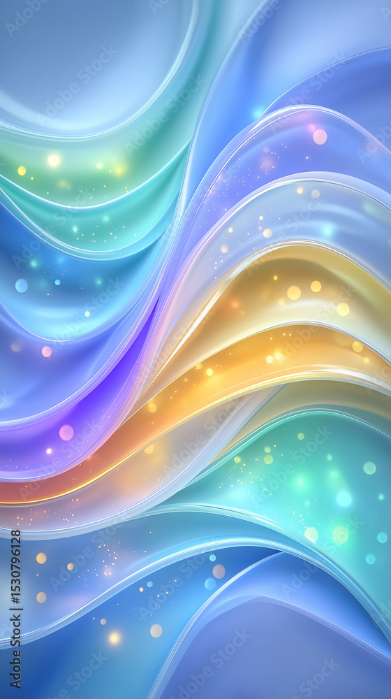 Poster fluid abstract design showcasing soft waves of color blending seamlessly with vibrant sparkles