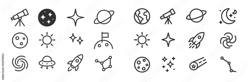Poster symbols of space exploration featuring telescopes, planets, and celestial phenomena in a minimalist 