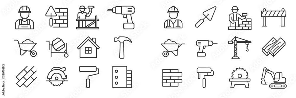 Poster construction and tools icons illustrating various trades and activities in a building project