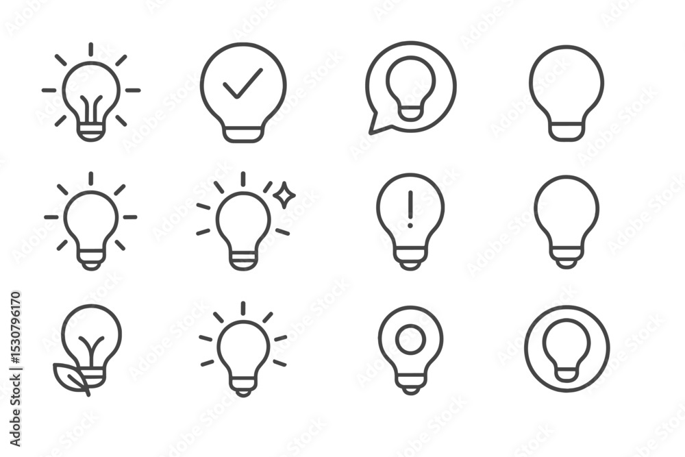 Poster Collection of light bulb icons representing various concepts and ideas in a minimalist design style
