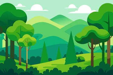 Obraz premium Vibrant Cartoon Forest Landscape Vector - Green Nature Background with Hills & Trees