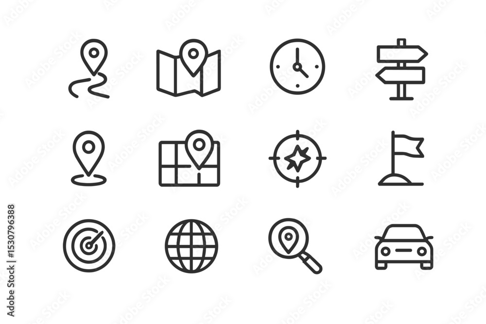 Poster collection of travel icons representing navigation, time, and exploration in a simple design