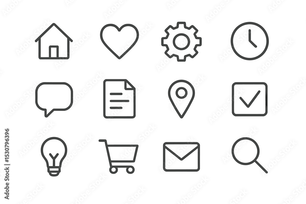 Aufkleber Simple line icons representing various concepts in everyday life, arranged in a grid layout with a minimalist design
