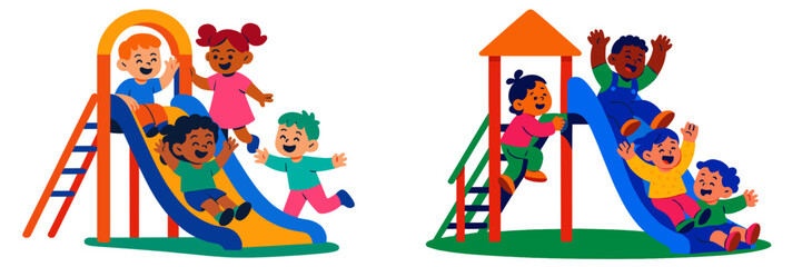 Naklejka na ściany i meble Bright and joyful children playing on colorful slides at a park during a sunny day