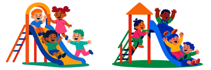 Fotobehang Bright and joyful children playing on colorful slides at a park during a sunny day © Zaleman