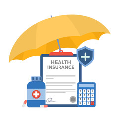 Business Insurance Concept. Policy Guarantee Business. 3D render illustration with Check Marks, Umbrella, Shield and checklist. Health insurance, Healthcare, finance and medical service