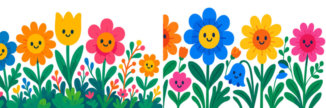 Colorful cartoon flowers with smiling faces in a vibrant garden setting on a bright day - Powered by Adobe