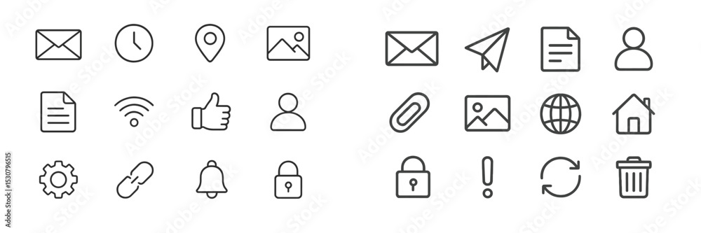 Poster Collection of simple line icons representing various digital and communication elements commonly used in modern technology