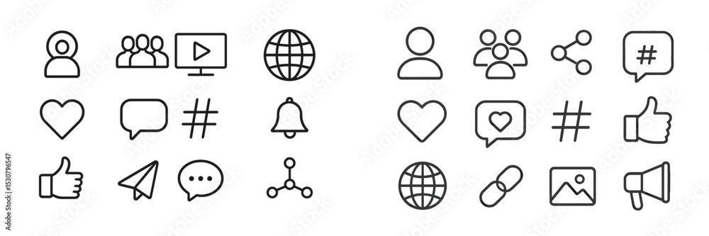Poster Collection of minimalist icons representing social media concepts and online interactions among users and communities
