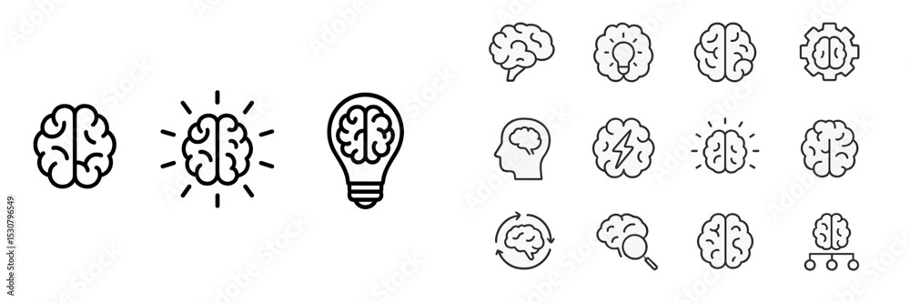 Poster Creative brainstorming icons depicting brain activity and idea generation at a modern workspace