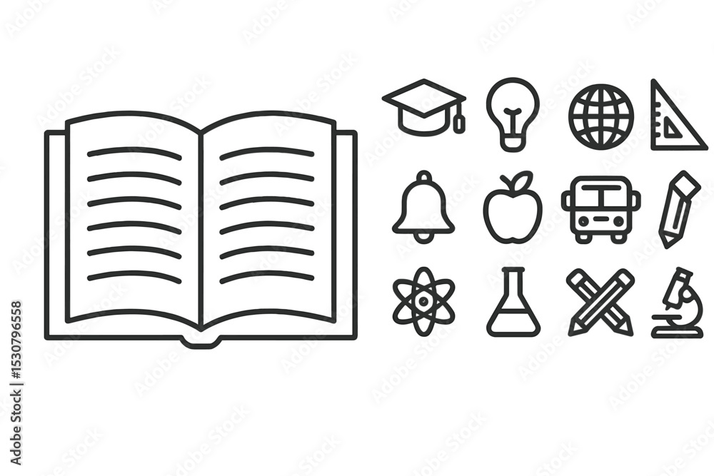 Poster Educational symbols and an open book illustrate learning concepts in a simple design