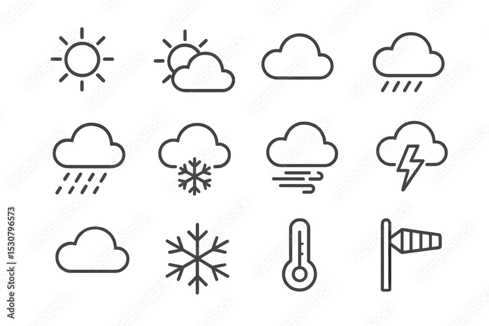 Poster weather icons representing various conditions including sun, rain, snow, and storms in a simple desi