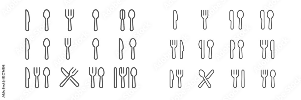 Poster Collection of simple utensil line icons arranged in grid layout for food-related design needs