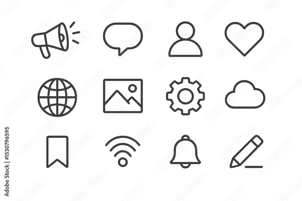 Poster icons representing communication, technology, and social interaction in a simple graphic design layo