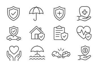 Collection of health and safety insurance icons depicting various coverage options and protection symbols