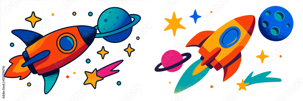 Aufkleber colorful rocket ships flying through space with planets and stars in the background at a cartoonish 
