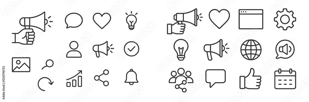 Poster vector icons illustrating communication concepts in black and white design for digital platforms and