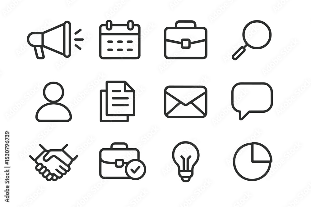 Poster Collection of icons representing various professional activities and communication methods in a modern workspace setting