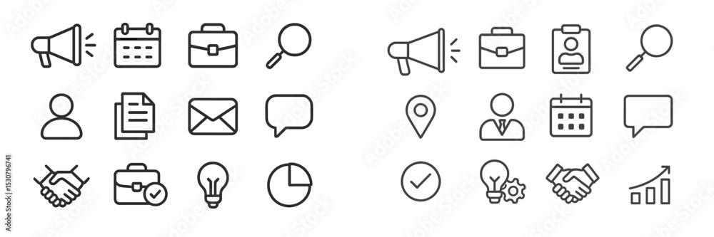 Poster Collection of business and communication icons in a minimalistic style laid out in two rows on a light background