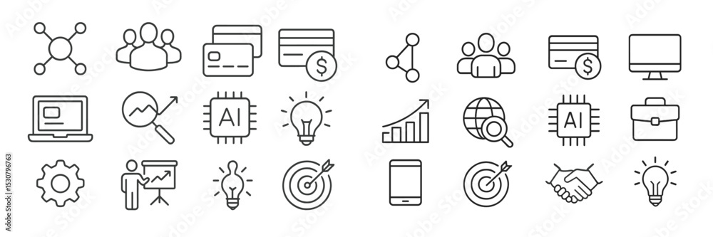 Aufkleber Visual representation of technology and business concepts, featuring various icons related to finance, data, and collaboration