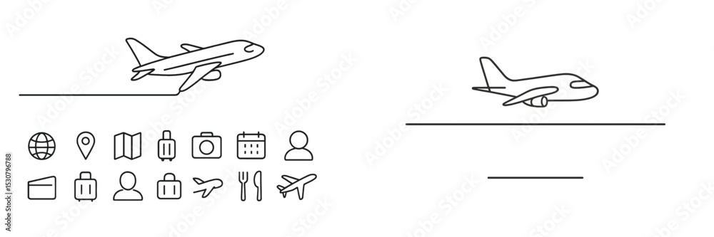 Poster outline sketches of airplanes and travel-related icons illustrating transportation and adventure the