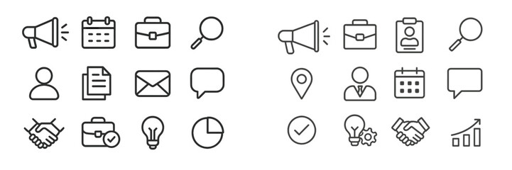 Fototapeta premium Collection of business and communication icons in a minimalistic style laid out in two rows on a light background