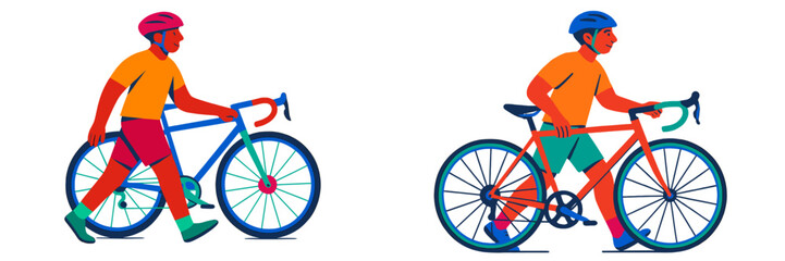 Fototapeta premium Cyclists preparing to ride bicycles on a bright day, showcasing vibrant colors and active movement in an outdoor environment