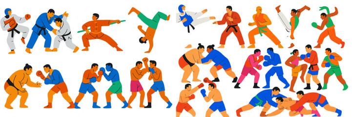 Various martial arts practitioners engaging in different fighting techniques in a vibrant training environment