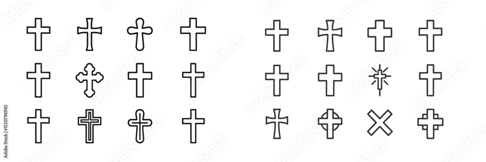 Poster collection of various cross designs and shapes for graphic use or religious purposes in black outlin