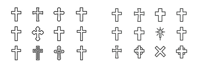 Collection of various cross designs and shapes for graphic use or religious purposes in black outline style