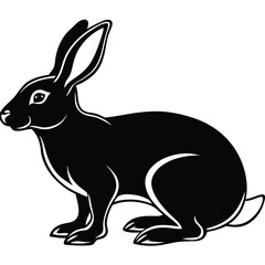 Black rabbit with sleek, contoured linework sits alertly in a white empty scene