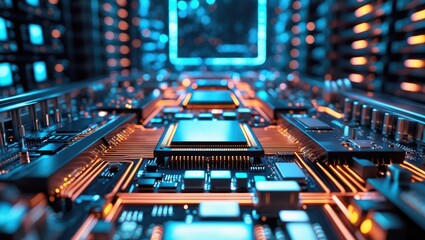 Abstract circuit boards set against a backdrop of advancing technological processing.