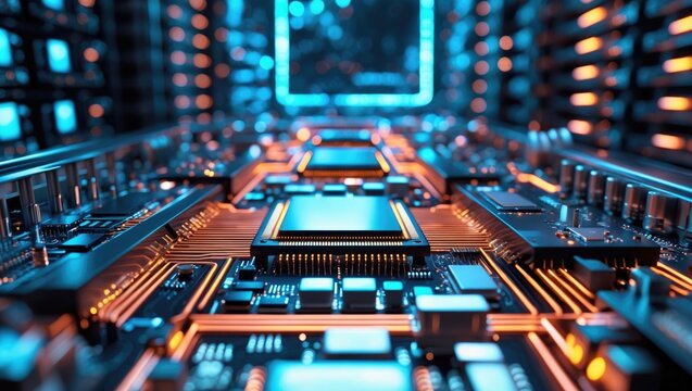 Abstract circuit boards set against a backdrop of advancing technological processing. - Powered by Adobe
