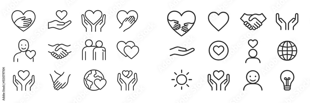 Aufkleber symbols of care and connection represented through simple line art designs showcasing hands and hear