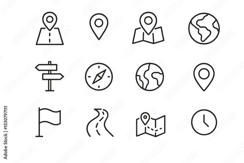 Leinwandbilder Outline of navigation and travel icons representing various aspects of exploration and mapping techniques for modern travelers