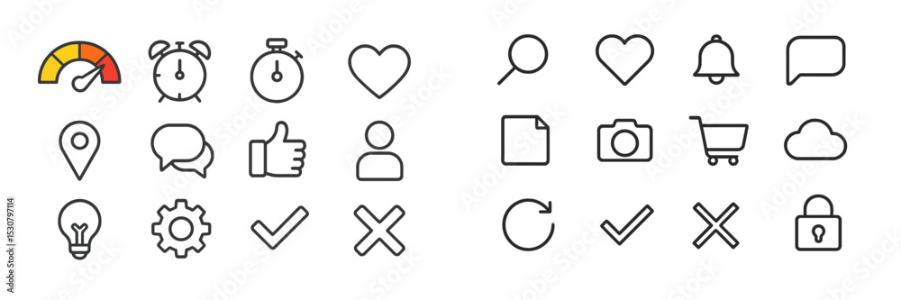 Poster Different icons representing various concepts including time, communication, and security arranged in a cohesive layout