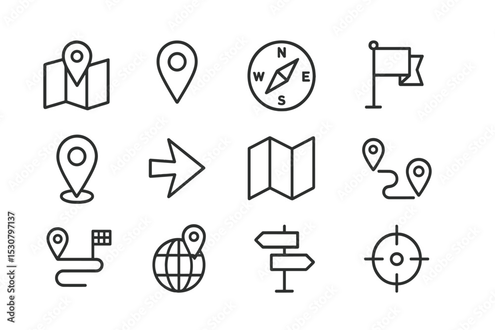 Poster navigational symbols illustrating map and location concepts for outdoor activities and travel