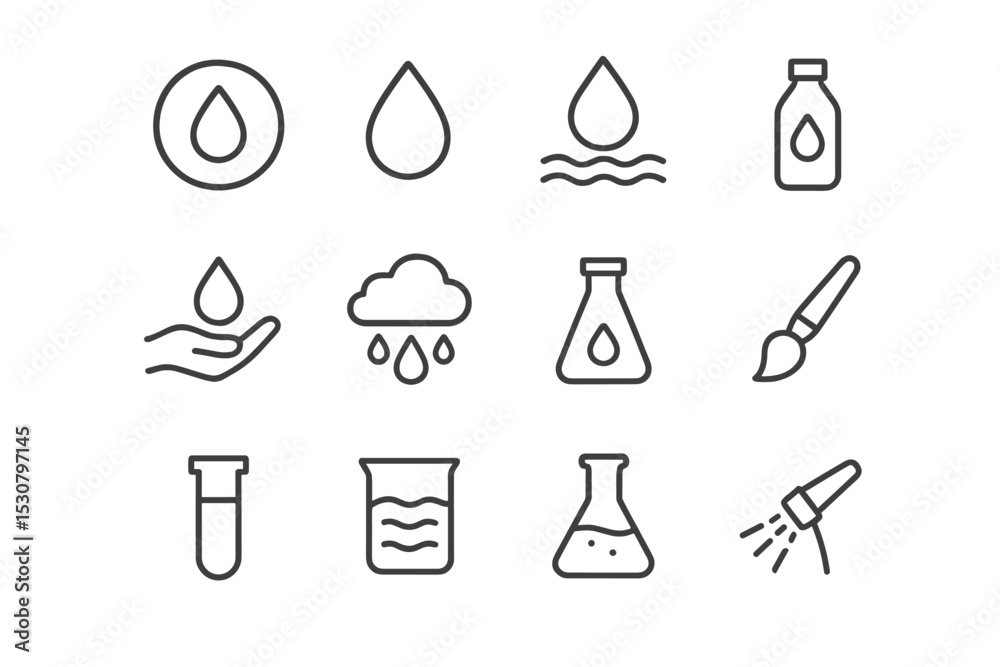 Poster Simple line icons representing water in various forms and scientific contexts for creative projects and designs