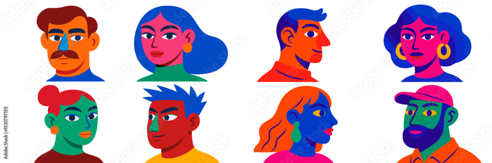 Aufkleber colorful illustration featuring diverse human faces in a grid layout with playful character designs 