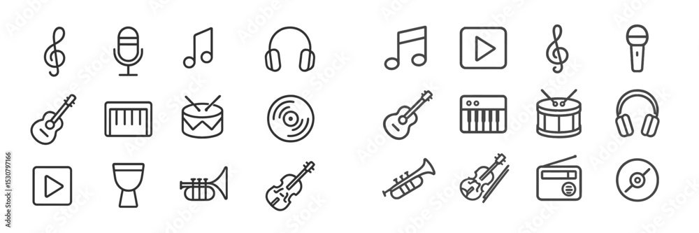 Poster musical instruments and elements represented with icons in a creative arrangement focusing on music 