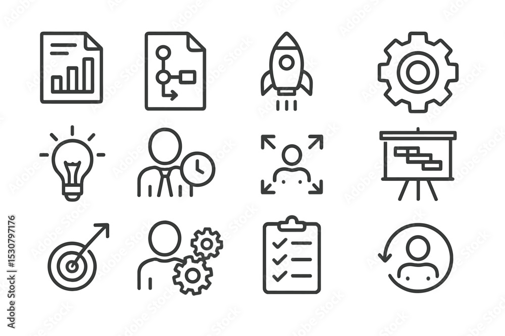 Poster icons representing various business concepts related to planning, analysis, and productivity in a mo